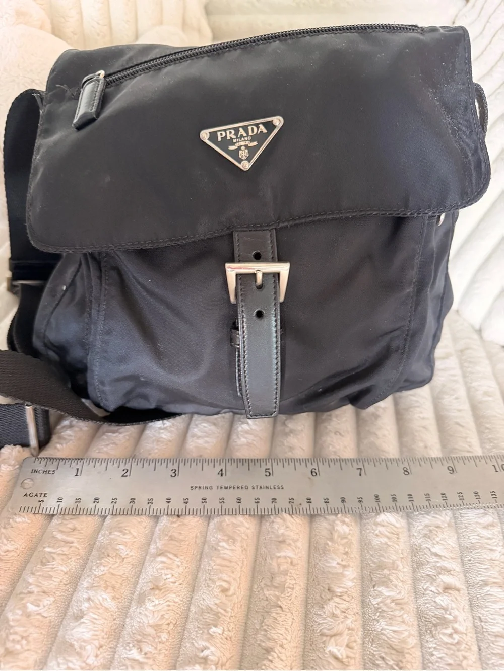 Prada Black Nylon Messenger Bag with Leather Trim
